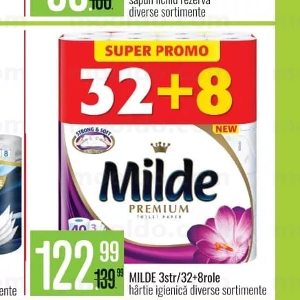 MILDE 3str/32+8role hârtie igienică diverse sortimente