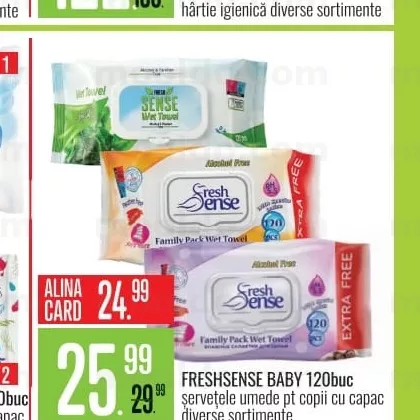 FRESHSENSE BABY 120buc șervețele umede pt copii cu capac diverse sortimente