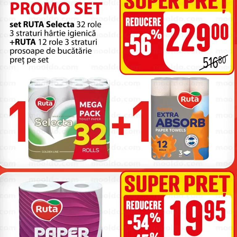 SET PROMO RUTA Selecta 32 role 3 straturi hârtie igienică + RUTA 12 role 3 straturi prosoape de bucătărie