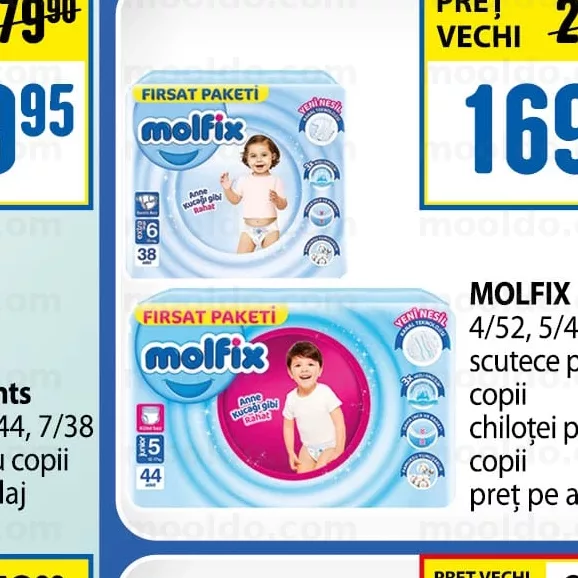 MOLFIX 4/52, 5/44, 6/38 scutece pentru copii chiloței pentru copii preț pe ambalaj