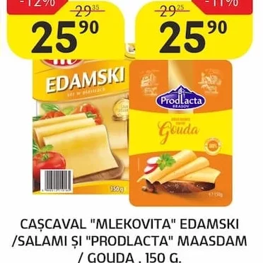 CAȘCAVAL "MLEKOVITA" EDAMSKI /SALAMI ȘI GOUDA CU CHIMION /GOUDA, 140 G.