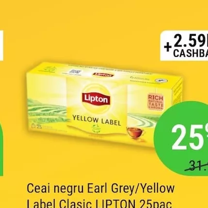 Ceai negru Earl Grey/Yellow Label Clasic LIPTON 25pac