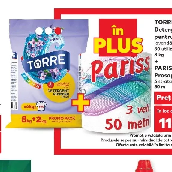 TORRE Detergent pudră pentru rufe lavandă și liliac 8 utilizări 8 kg + PARISS Prosop de hârtie 3 straturi 50 m