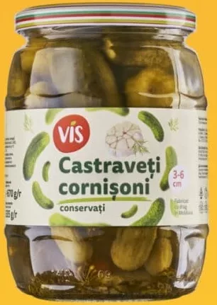 VIS Castraveți cornișoni conservați/marinați, 670 g/335 g; Cashback 10% (+4.19 L) în monede My Local: scanează cardul din app înainte de plată; doar produsele broșurii marcate la raft.