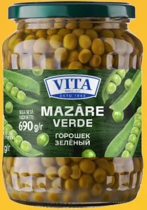 VITA Mazăre verde conservată, 690 g/449 g; Cashback 10% (+2.19 L) în monede My Local: scanează cardul din app înainte de plată; doar produsele broșurii marcate la raft.