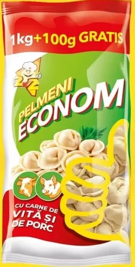 2X2 Pelmeni Econom cu porc/vită, 1 kg + 100 g gratis; Cashback 10% (+5.59 L) în monede My Local: scanează cardul din app înainte de plată; doar produsele broșurii marcate la raft.