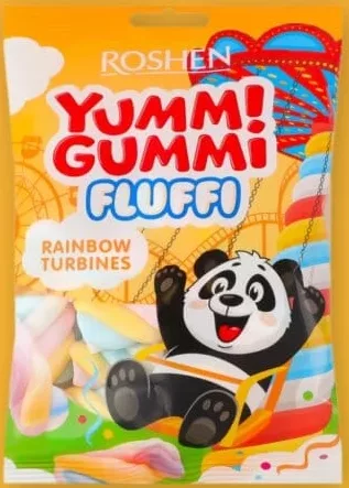 ROSHEN Yummi Gummi Fluffo (Fluffi) Rainbow Turbines marshmallow, 65 g; Cashback 10% (+1.59 L) în monede My Local: scanează cardul din app înainte de plată; doar produsele broșurii marcate la raft.