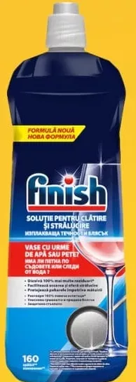FINISH Brilliant, soluție clătire vase, 800 ml, 160 utilizări; cashback 10% (+8.49 L) în monede My Local; scanează cardul My Local în app înainte de plată; doar produse din broșură marcate la raft.