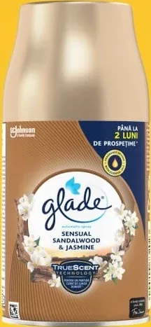 GLADE Sensual Sandalwood & Jasmine, odorizant automat, 269 ml; cashback 10% (+12.19 L) în monede My Local; scanează cardul My Local în app înainte de plată; doar produse din broșură marcate la raft.