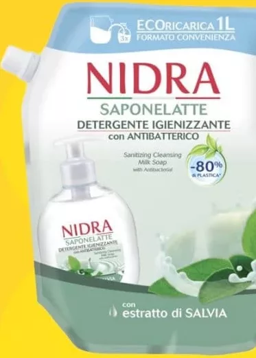 NIDRA, săpun lichid antibacterian/latte, SaponeLatte salvie, 1 L; cashback 10% (+5.19 L) în monede My Local; scanează cardul My Local în app înainte de plată; doar produse din broșură marcate la raft.