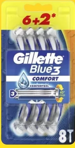 GILLETTE Blue3 Comfort, aparate ras unică folosință, 3 lame, 6+2 buc.; cashback 10% (+16.39 L) în monede My Local; scanează cardul My Local în app înainte de plată; doar produse din broșură marcate la raft.