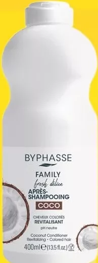 BYPHASSE FFD Family Fresh Délice Coco, balsam păr vopsit/uscat, 400 ml; cashback 10% (+5.69 L) în monede My Local; scanează cardul My Local în app înainte de plată; doar produse din broșură marcate la raft.