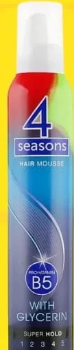 4 SEASONS B5 cu glicerină Super Hold, spumă păr, 225 ml; cashback 10% (+4.59 L) în monede My Local; scanează cardul My Local în app înainte de plată; doar produse din broșură marcate la raft.