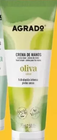 AGRADO Cremă de mâini Aloe Vera/Oliva, 75 ml; cashback +3.49 L (10%) în monede My Local după scanarea cardului My Local din aplicație înainte de plată; doar produse din broșură marcate la raft.