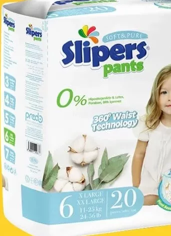 SLIPERS Pants Soft&Pure Chiloței scutec, 6 X-Large, 11–25 kg, 20 buc; cashback +9.99 L (10%) în monede My Local după scanarea cardului My Local din aplicație înainte de plată; doar produse din broșură marcate la raft.