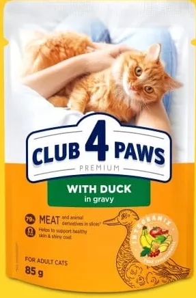 CLUB4PAWS Hrană pentru pisici adulte, rață în sos, 85 g; cashback +0.99 L (10%) în monede My Local după scanarea cardului My Local din aplicație înainte de plată; doar produse din broșură marcate la raft.