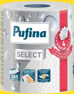 PUFINA Select Prosop de hârtie, 4 straturi, 265 foi, 1 rolă; cashback +6.59 L (10%) în monede My Local după scanarea cardului My Local din aplicație înainte de plată; doar produse din broșură marcate la raft.