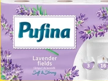 PUFINA Lavender Fields Hârtie igienică, 3 straturi, 16 role; cashback +12.89 L (10%) în monede My Local după scanarea cardului My Local din aplicație înainte de plată; doar produse din broșură marcate la raft.