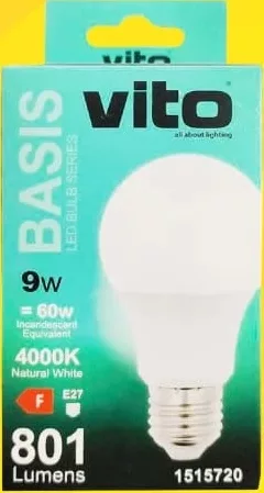 VITOONE/vito BASIS Bec LED A60, 9 W, E27, 4000 K/6400 K; cashback +2.49 L (10%) în monede My Local după scanarea cardului My Local din aplicație înainte de plată; doar produse din broșură marcate la raft.