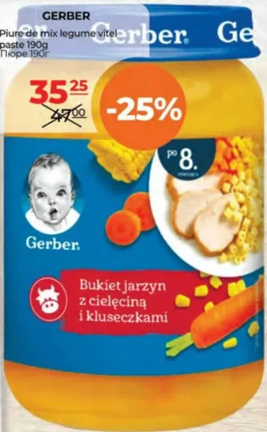 GERBER Piure de mix de legume, vițel și paste, 190 g, de la 8 luni
