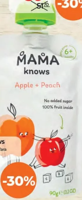 MAMA KNOWS Piure de mere și piersici fără zahăr, 90 g, 6+ luni