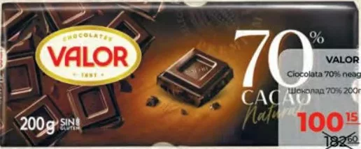 VALOR Ciocolată neagră 70%, 200 g