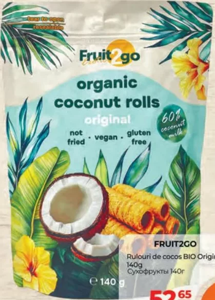 FRUIT2GO Rulouri de cocos BIO Original, 140 g