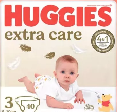HUGGIES Extra Care Scutece, 40 buc. conform descrierii; sortiment variat; ambalaje ilustrate: mărimea 3, 6–10 kg, 40 buc.; mărimea 4, 8–16 kg, 33 buc.; mărimea 5, 11–25 kg, 28 buc.