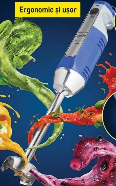 METRO PROFESSIONAL Hand Mixer GSM1000; volum mixare 1–8 l; ergonomic și ușor; viteză reglabilă 2000–13000 RPM; cârlig integrat; picior detașabil; 4 cuțite; produs în Franța
