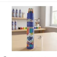 Creioane colorate în cutie rotundă cu ascuțitoare 12 buc Vneeds