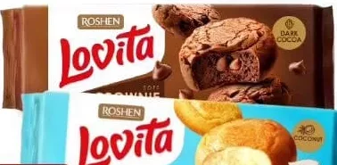 Biscuiți Roshen Lovita în sortiment: Brownie Dark Cocoa; Blondie Brownie Coconut, 152 g