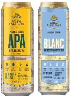 Bere Volfas Engelman în sortiment: Rinktinis Premium Lager, APA Australian Pale Ale, Blanc, 568 ml; preț de la 26,50