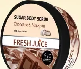 Exfoliant de corp cu zahăr FRESH JUICE Chocolate & Marzipan, ciocolată și marțipan, cu unt de shea, 225 ml