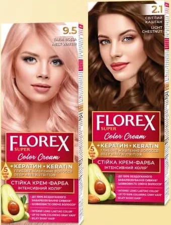 Vopsea de păr FLOREX Super Color Cream cu keratină, 9.5 Melt Water / 2.1 Light Chestnut (castaniu deschis)
