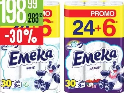Emeka, туалетная бумага, 3 слоя, 24+6 рулонов, White / Paradise