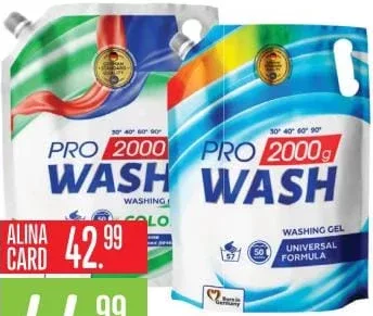 Pro Wash, жидкое средство для стирки, сменный пакет, 2 л по подписи, Color / Universal Formula (на изображённой упаковке указано 2000 г); акционная цена 44,99 лея, с Alina Card 42,99 лея
