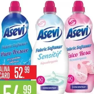 ASEVI концентрированный кондиционер для белья, 1,5 л, 60 стирок; Puro Frescor, Sensitif, Talco Rosa; цена с Alina Card 52.99 MDL