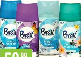 BRAIT аэрозольный освежитель воздуха, 250 мл; Ocean Breeze, Moon Garden, Fresh Linen, Relaxing Moment