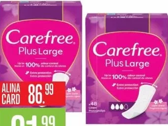 CAREFREE Plus Large ароматизированные ежедневные прокладки, 48 шт.; цена с Alina Card 86.99 MDL