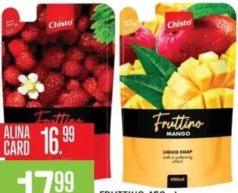 CHISTO Fruttino жидкое мыло, сменный пакет, 450 мл, в ассортименте; Mango; цена с Alina Card 16.99 MDL