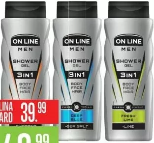 ON LINE Men 3 in 1 Deep Blue Sea Salt / Fresh Lime мужской гель для душа-шампунь для тела/лица/волос, 400 мл, в ассортименте; с ALINA CARD: 39.99 MDL