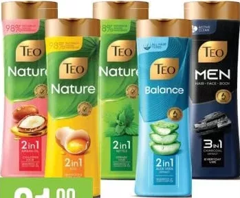 TEO Nature 2 in 1 Almond / Egg / Nettle / Balance 2 in 1 Aloe Vera / Men 3 in 1 Charcoal Detox шампунь, 350 мл, в ассортименте