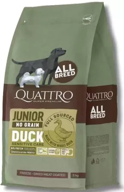 QUATTRO Junior No Grain, hrană pentru căței de toate rasele, rață, 1 kg vrac