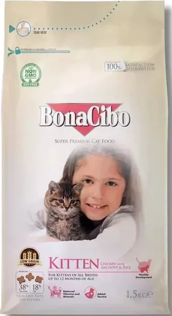 BonaCibo Kitten, hrană uscată pentru pisoi de toate rasele până la 12 luni, pui și orez cu anșoa, 1 kg, vrac