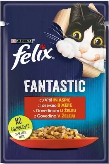Purina Felix Fantastic, hrană umedă pentru pisici, în sortiment (în imagine: vită în aspic), 85 g