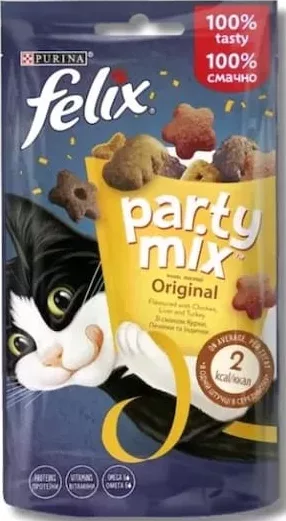 Purina Felix Party Mix, gustări pentru pisici, în sortiment (în imagine: Original, cu aromă de pui, ficat și curcan), 60 g