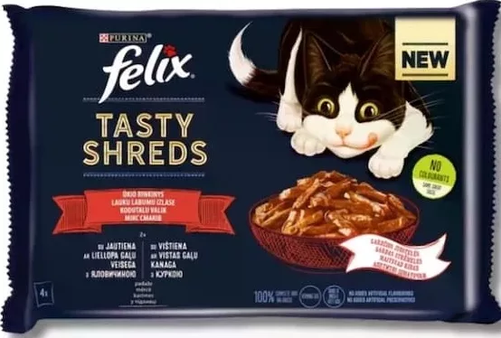 Purina Felix Tasty Shreds, hrană umedă pentru pisici, în sortiment (în imagine: vită și pui în sos, 2 plicuri din fiecare), 4 plicuri, 320 g