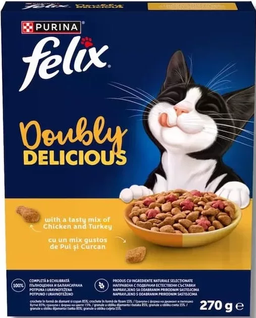 Purina Felix Doubly Delicious, hrană uscată pentru pisici, în sortiment (în imagine: pui și curcan), 270 g