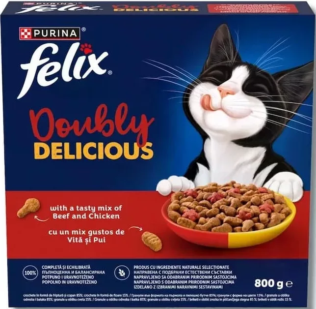 Purina Felix Doubly Delicious, hrană uscată pentru pisici, în sortiment (în imagine: vită și pui), 800 g