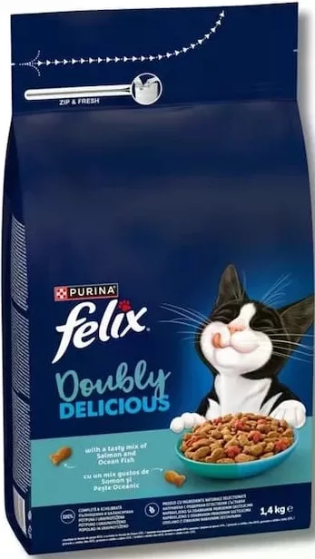 Purina Felix Doubly Delicious, hrană uscată pentru pisici, în sortiment (în imagine: somon și pește oceanic), 1,4 kg